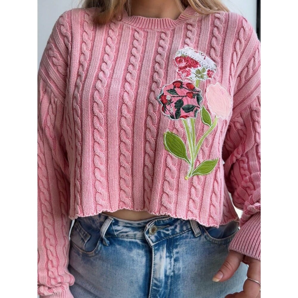 Upcycled Hand Crafted Pink Cable-Knit Cropped Sweater with Floral Appliqué